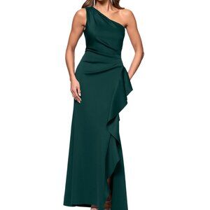 ⭐️ Xscape Ruffled One-Shoulder Scuba Evening Gown – Hunter Green – Size 4 NWT